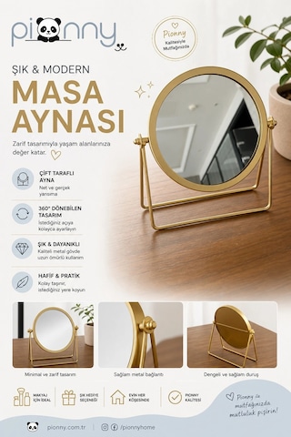 Pionny Masa Üstü Gold Yuvarlak Dönen Metal Makyaj Aynası 15 CM