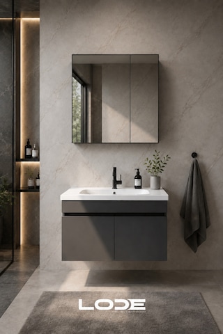 Kale Serisi Banyo Dolabı Seti Banyo Alt Dolap - Aynalı Üst Dolap Cerastyle Frame Lavabolu, Lavabo-aynalı Üst Dolap Dahil Antrasit
