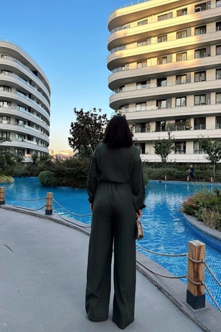 Kadın Haki Uzun Kol, Gömlek Yaka, Beli Lastikli, 4 Cepli, Bilekleri Lastikli, Salaş Tulum Haki