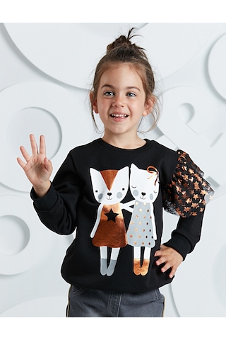 Kız Çocuk Yıldız Desenli Siyah Uzun Kollu Sweatshirt 4-10 Yaş