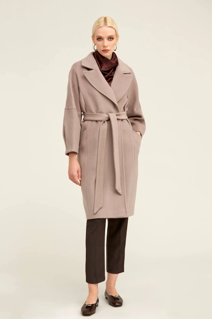 Saykı Woman Taş Regular Fit Ceket Yaka Kaşe Yünlü Oversize Manto Taş