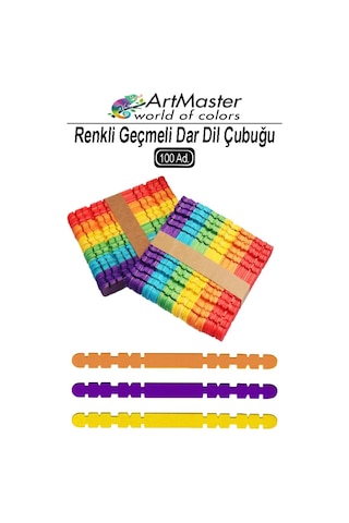 Renkli Dil Çubuğu Geçmeli Dar 100 Lü 1 Paket Ahşap Çubuk Çentikli Eklemeli Renkli Tırtıklı Dondurma Çubuğu
