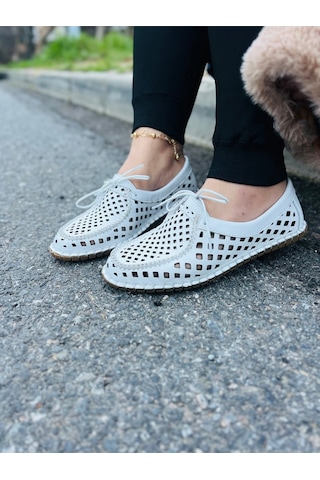Dabab Shoes Vırena Kadın Beyaz Hakiki Deri File Bağcıklı Düz Taban Yazlık Babet Loafer Ayakkabı