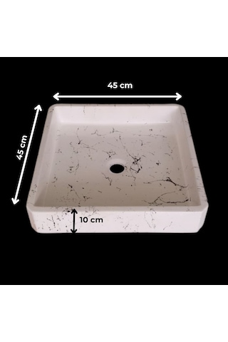Mermer Desenli Tezgah Üstü Kare Model Taş Lavabo 45 X 45 Cm Beyaz