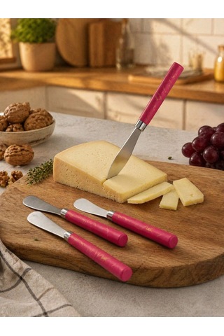 5 Parça Uzun Kahvaltı Bıçak - Kırmızı Mermer Desen Saplı 16.5 Cm Bx40 Çok Renkli