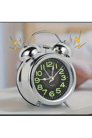 Metal Süper Yüksek Sesli Alarm Saati, Işıklı, Fosforlu, Gece Görünen Kadranlar, Sessiz Saniyeli Siyah