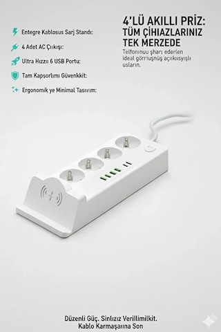 Akım Korumalı Priz Ve Masaüstü Şarj İstasyonu Kablosuz 4 Priz ,4 Usb, 2 Type-c Girişli 2 Metre 1