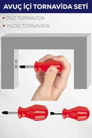 Tornavida Profesyonel Ergonomik Pratik Mini Dar Alan Tamir 2'li Avuç Içi Düz Yıldız Tornavida Seti