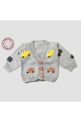 Uretti - Gülnur 2184 - 6995 El Örgüsü Araba Motifli Erkek Çocuk Hırka 3 Yaş Gri