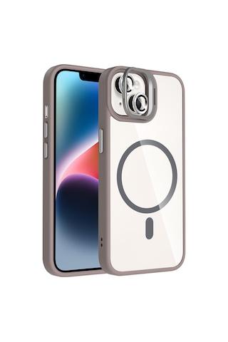 iPhone Uyumlu 14 Kılıf Standlı + Kamera Lens Koruma Setli M-safe Şarj Özellikli Mkst Etro Kapak Desert Titanyum Desert Titanyum