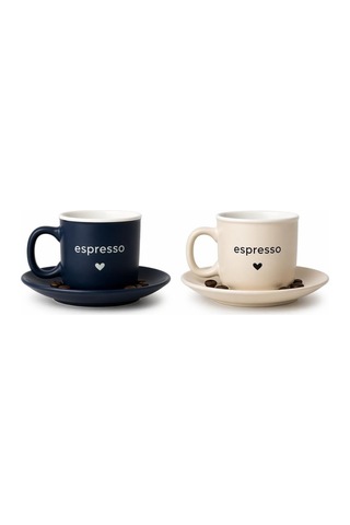 Espresso Fincan Takımı, Porselen, Lacivert Ve Krem Rengi, Fincan Ve Tabak Seti, 2'li Lacivert - Bej Diğer