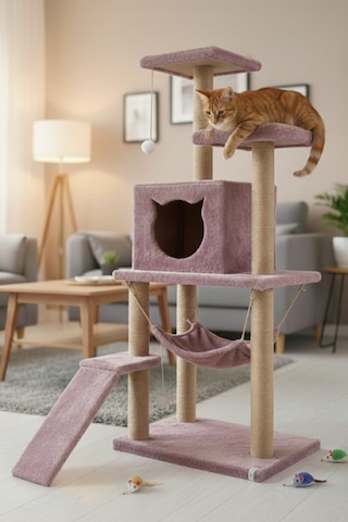 Missidea S9 Kedi Tırmalama Kulesi Platformlu 124 Cm Gül Kurusu