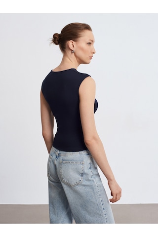 Dilvin 21054 Büzgülü Basic T-shirt-Koyu Lacivert
