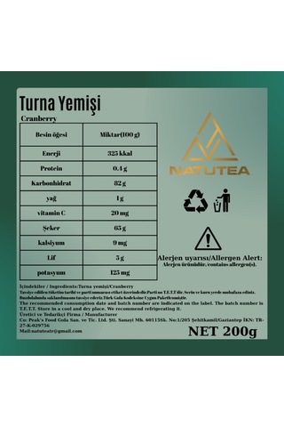 Natutea Turna Yemişi Cranberry 200 G Kuru Meyve 200 G