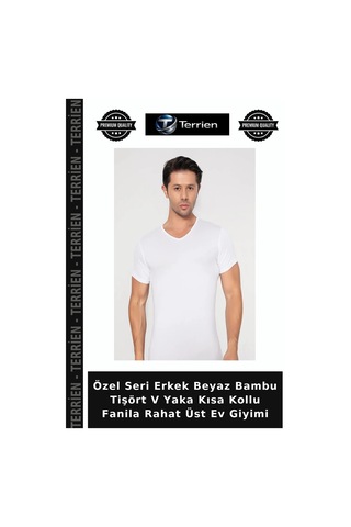 Terrien Özel Seri Erkek Beyaz Bambu Tişört V Yaka Kısa Kollu Fanila Rahat Üst Ev Giyimi