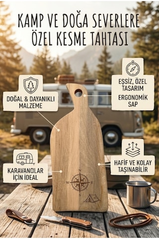 Kamptek Ahşap Doğal Kamp Kesme Tahtası Hafif Taşınabilir Çift Taraflı Sunum Ve Doğrama Tahtası Kahverengi