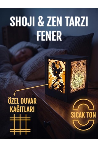 Serie Lumina Shoji Masa Ve Gece Lambası - Geyşa Figürlü Çiçekli Kamon Duvar Japon Feneri Sıcak Led Ambiyans Işığı