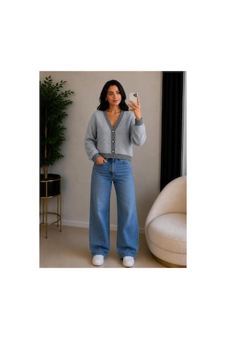 Hira Life Fashion Kadın V Yaka Düğmeli Şeritli Kısa Crop Ceket-hırka Gri Gri