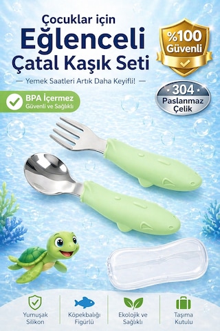 Balık Figürlü Çocuk Paslanmaz Çelik Çatal Ve Kaşık Seti, Saklama Kutusu Yeşil Renk