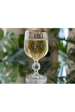 Alfafe Home Bohemia Kristal Optik Kadeh Seti 6 Lı Gerçek Altın Yaldız Ağızlı Şık Cam Kadeh Altın