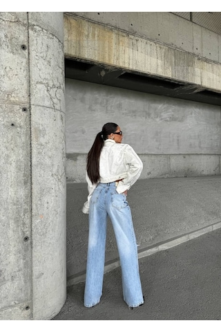 Herton Yüksek Bel Geniş Paça Jean - Dizleri Yırtık Detaylı Wide Leg Denim Pantolon Buz Mavisi