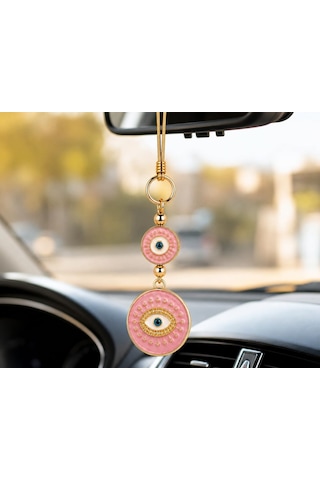 Özel Seri Pembe Nazar Boncuklu Araba Dikiz Aynası Süsü Luxury Gold Detaylı Premium Araç İçi Aksesuar Kad