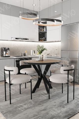 Avvio Lonya Teddy Sandalye 90x90 Yuvarlak Yemek Masası Mutfak Masası 4 Kişilik Masa Sandalye Takımı Akça