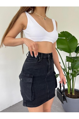 Zeo Basic Kargo Cep Detaylı Mini Denim Etek Siyah