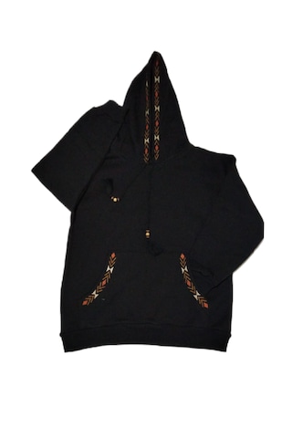 Bigdart Kadın Oversize Kapşonlu Şardonlu Nakışlı Üç İplik Siyah Kadın Sweatshirt SiYAH
