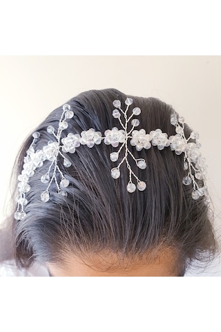 Beyaz Kristal Boncuklu Çiçekli Gelin Tacı (549065382)