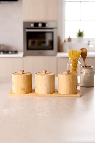 Pisa 3'lü Tezgah Üstü Bambu Standlı Baharatlık Seti Diğer