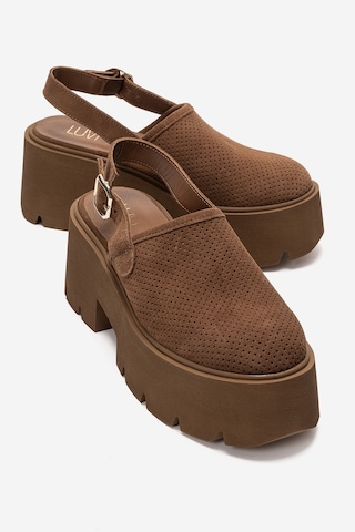 Luvi Shoes Caldrıs Taba Süet Hakiki Deri Önü Kapalı Kalın Tabanlı Kadın Sandalet