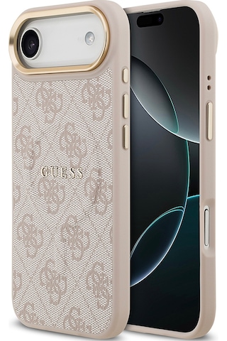 Apple Uyumlu iPhone 17 Air Kılıf Guess Lisanslı M-safe Şarjlı Gold Kamera Çerçeveli Pu Deri Yazı Logolu Pembe