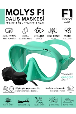 Molys F1 Pro Dalış Maskesi + Antı Fog Buğu Önleyici Film + Dalış Maskesi Kutusu Küçük Yüz Yapısı İçin İdeal Turkuaz