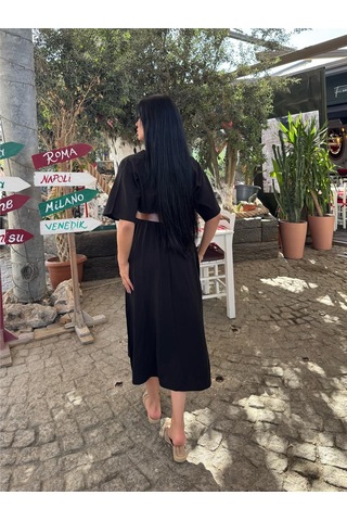 WeShaya Siyah Kruvaze Kemerli Midi Elbise Siyah