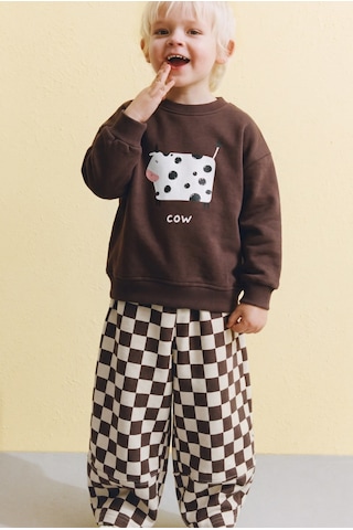 Magu Çocuk Baskılı Kahverengi Sweatshirt Ve Dama Desenli Eşofman Altı Takımı Çok Renkli