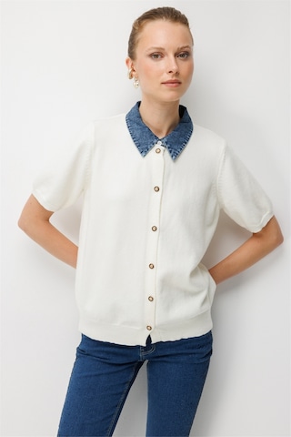 On Kadın Denim Detaylı Kısa Kollu Triko Hırka 10509 Ekru