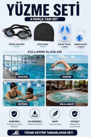 Yüzme Seti Siyah Gözlük Bone Kulak Tıkacı Burun Klipsi 4 Parça