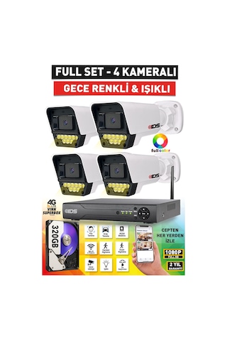 4 Kameralı Fullhd 5mp Lensli Renkli Gece Görüşlü 9 Led Güvenlik Kamerası Seti - 320gb