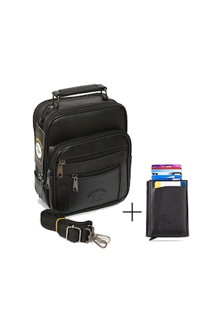 Adelina Erkek Siyah Deri Çelik Kasalı El Ve Omuz Çanta Ve Kartlık