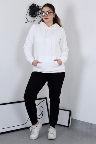 Hodies Winter Kapşonlu Kanguru Cep 3 İplik Puf Yumuşacık İçi Polarlı Sweatshirt Beyaz