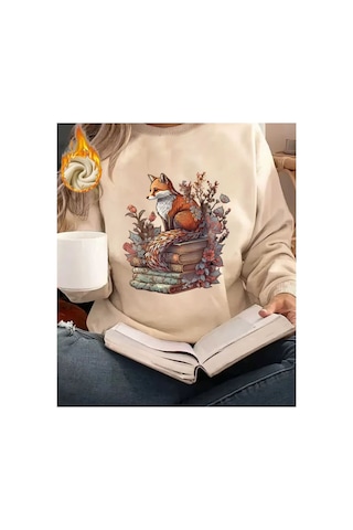 Herkesemoda Tilki Ve Kitap Baskı Detaylı Bisiklet Yaka Sweatshirt Bej