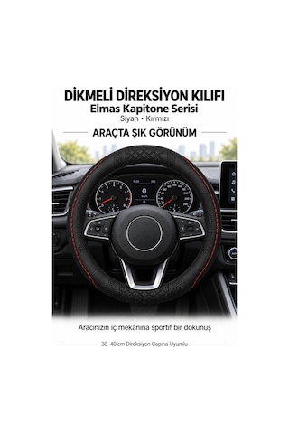 Trobus Peugeot Partner 2024 Ve Sonrası Uyumlu Dikmeli Direksiyon Kılıfı Elmas Kapitone Siyah Kırmızı Siyah - Kırmızı