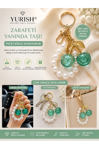 İnci Detaylı Mint Yeşili Kiraz Charm Anahtarlık Açık Yeşil