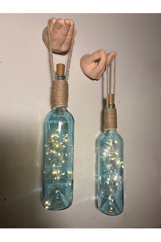 El Figürlü Duvar Lambası Pilli Led Işıklı Dekoratif Mavi Boyalı Cam Şişe Aydınlatma Vintage El Y Mavi