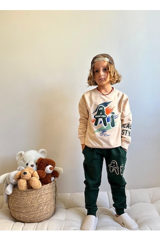 Jolly Kids Erkek Çocuk Yazı Baskılı Sweatshirt Takım Koyu Yeşil