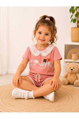 Tucankids Kız Çocuk Pembe Yakalı Baskılı İkili Takım
