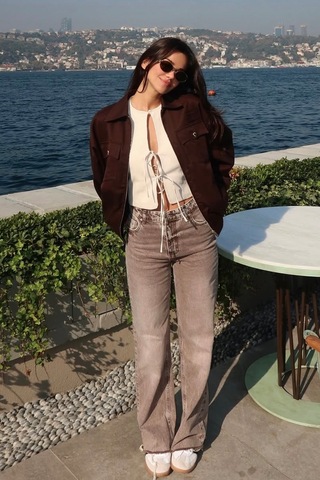 Açelyaokcu High Waist Wide Leg Kar Yıkama Geniş Paça Dikişsiz Jean Vizon