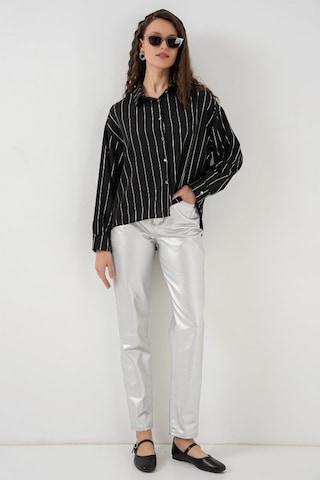 Gülsüm Aydın 5924 Gümüş Çizgili Gömlek - Siyah Siyah