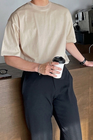 Genius Store Erkek Oversize Tişört Pamuk Kumaş Bisiklet Yaka Rahat Kalıp T-shirt Bej